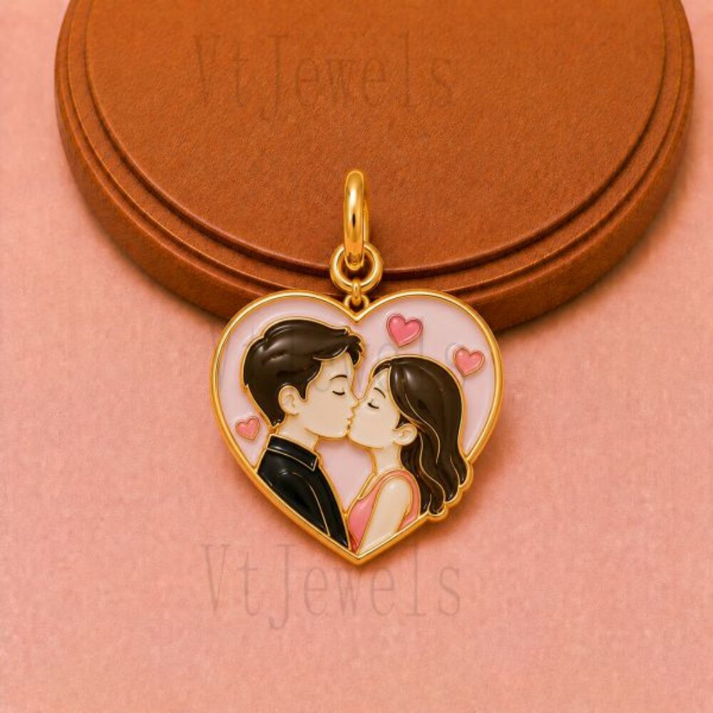 Gold Plated 925 Sterling Silver Kissing Couple Heart Pendant Enamel Charm