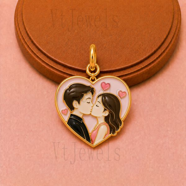 Gold Plated 925 Sterling Silver Kissing Couple Heart Pendant Enamel Charm