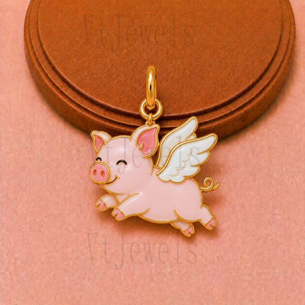 Gold Plated 925 Sterling Silver Flying Pig Angel Pendant Enamel Charm