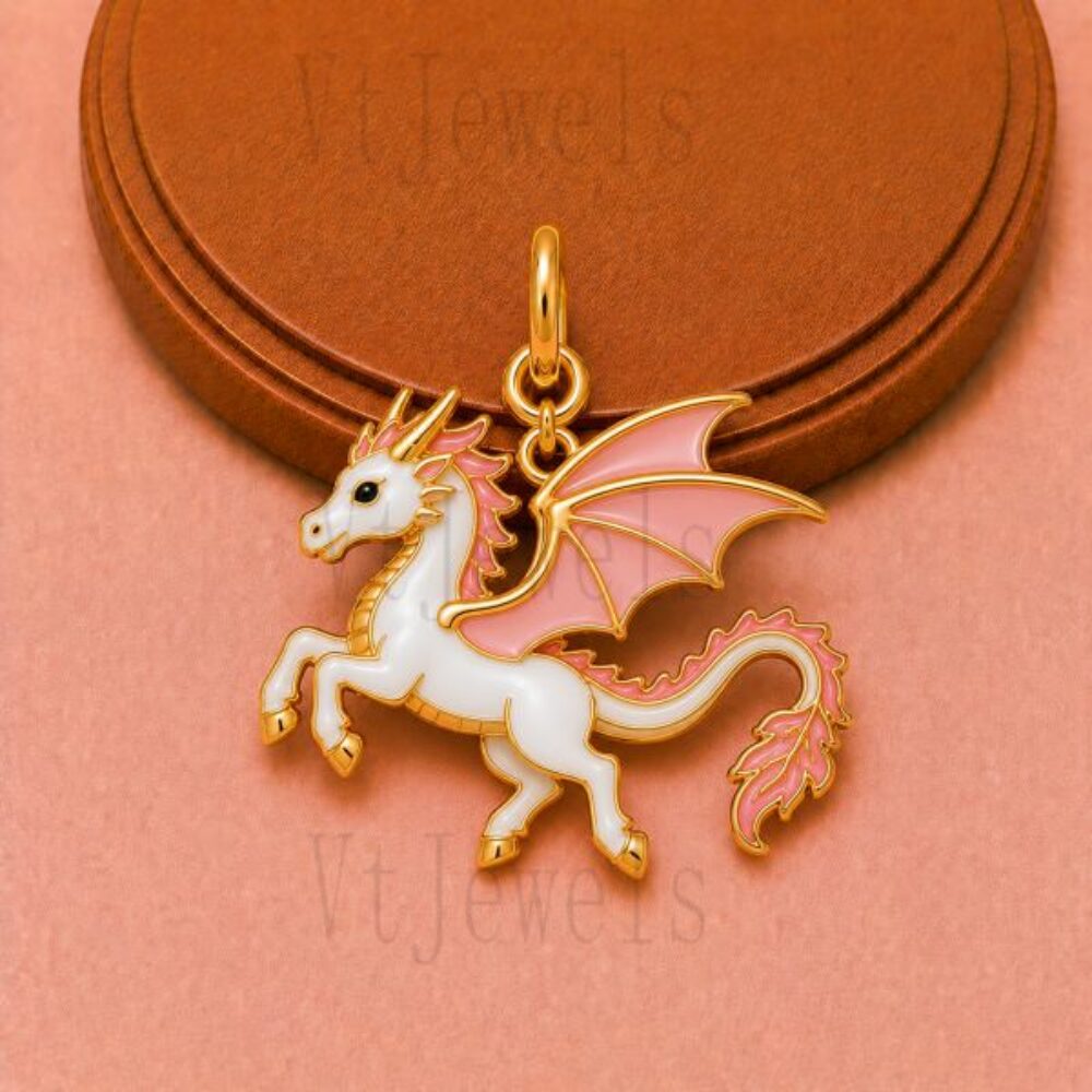Handcrafted 925 Sterling Silver Pink and White Enamel Dragon Pendant Charm