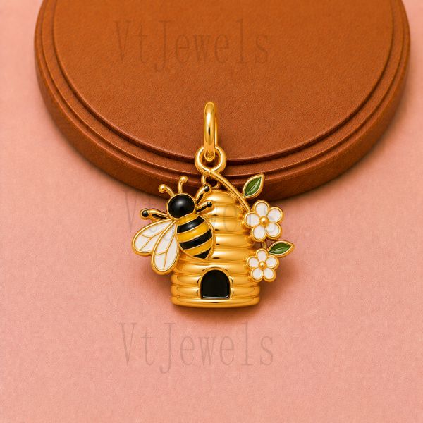 925 Sterling Silver Bee and Beehive Pendant Charm with White Flowers