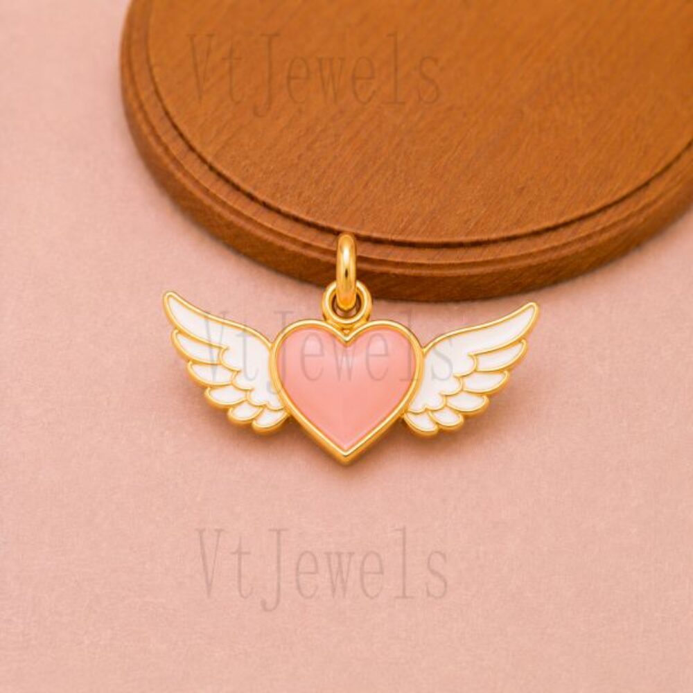 925 Sterling Silver Enamel Heart with Angel Wings Pendant Charm