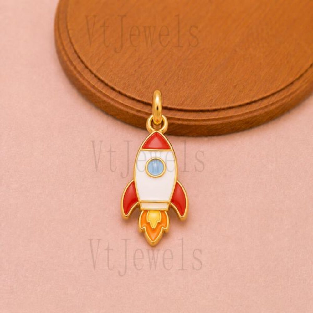 925 Sterling Silver Rocket Ship Spaceship Pendant Charm with Colorful Enamel