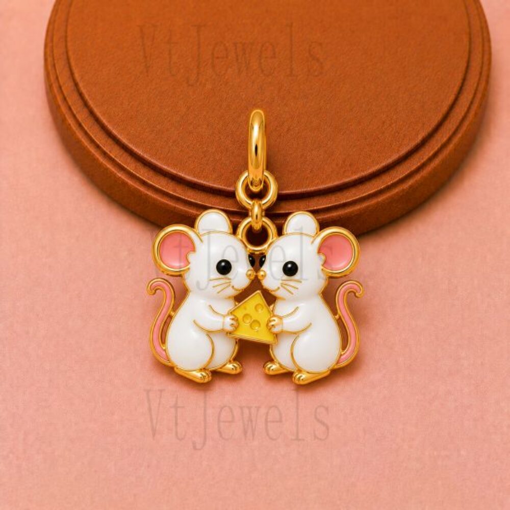 925 Sterling Silver Cute Mice and Cheese Pendant Charm with Enamel