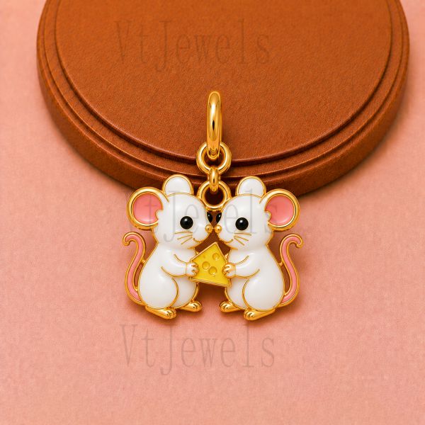 925 Sterling Silver Cute Mice and Cheese Pendant Charm with Enamel