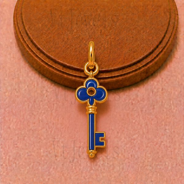 925 Sterling Silver Blue Enamel Vintage Key Pendant Charm