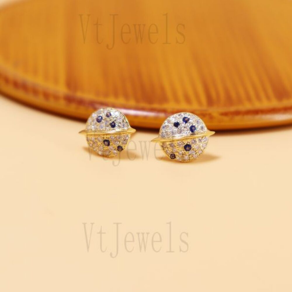 925 Sterling Silver Gold Plated Blue & Clear Saturn Planet Stud Earrings