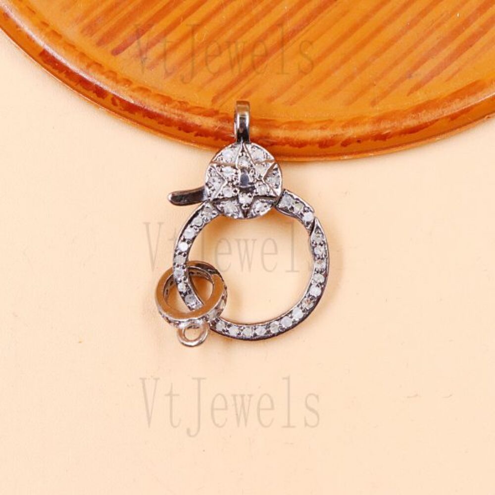 925 Sterling Silver Oxidized White Pave Round Lobster Clasp Pendant