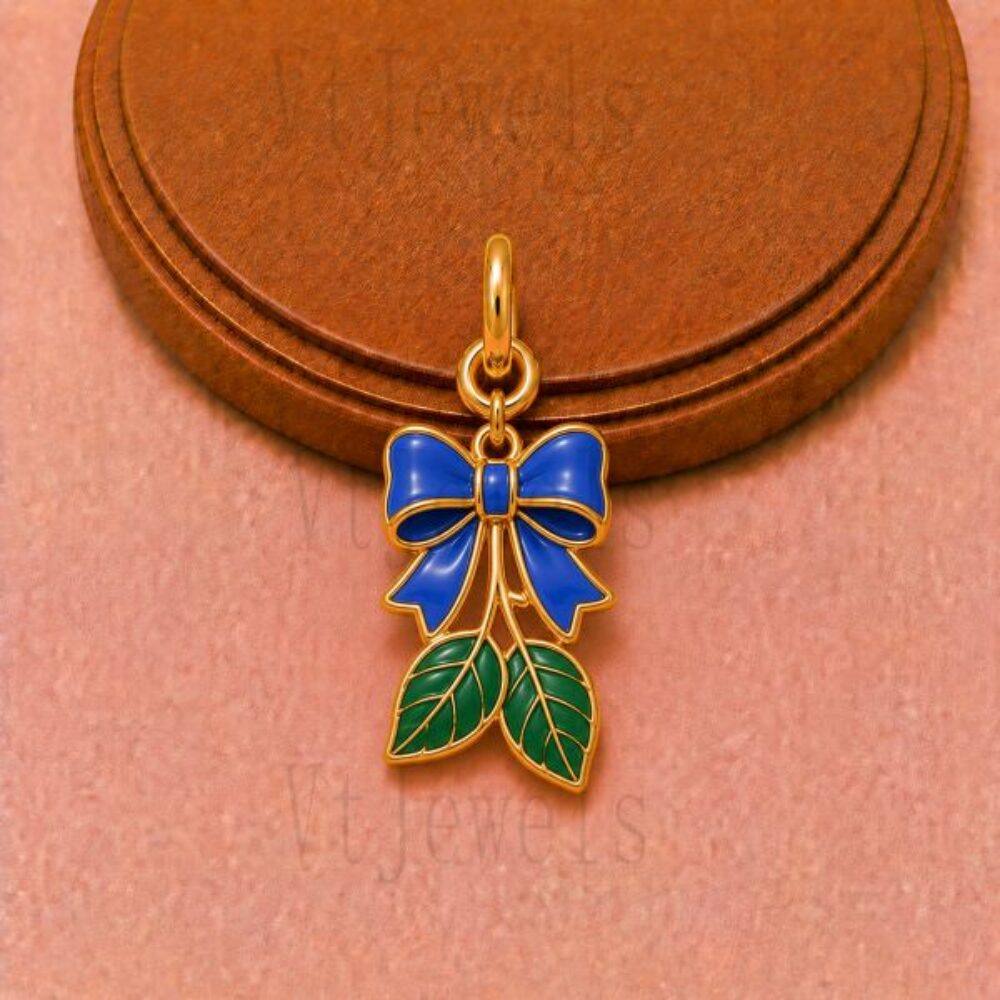 925 Sterling Silver Blue Bow and Green Leaves Pendant Charm