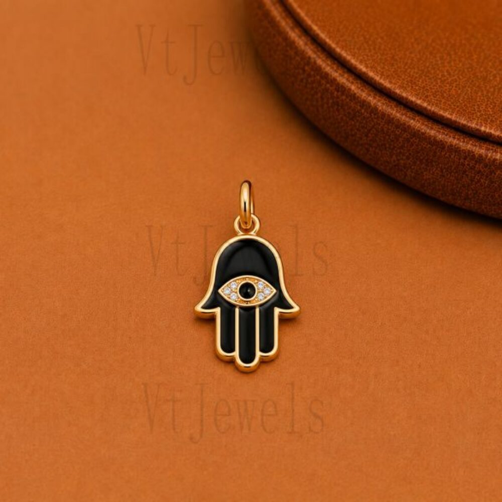 925 Sterling Silver Black Enamel Hamsa Hand Evil Eye Pendant Charm