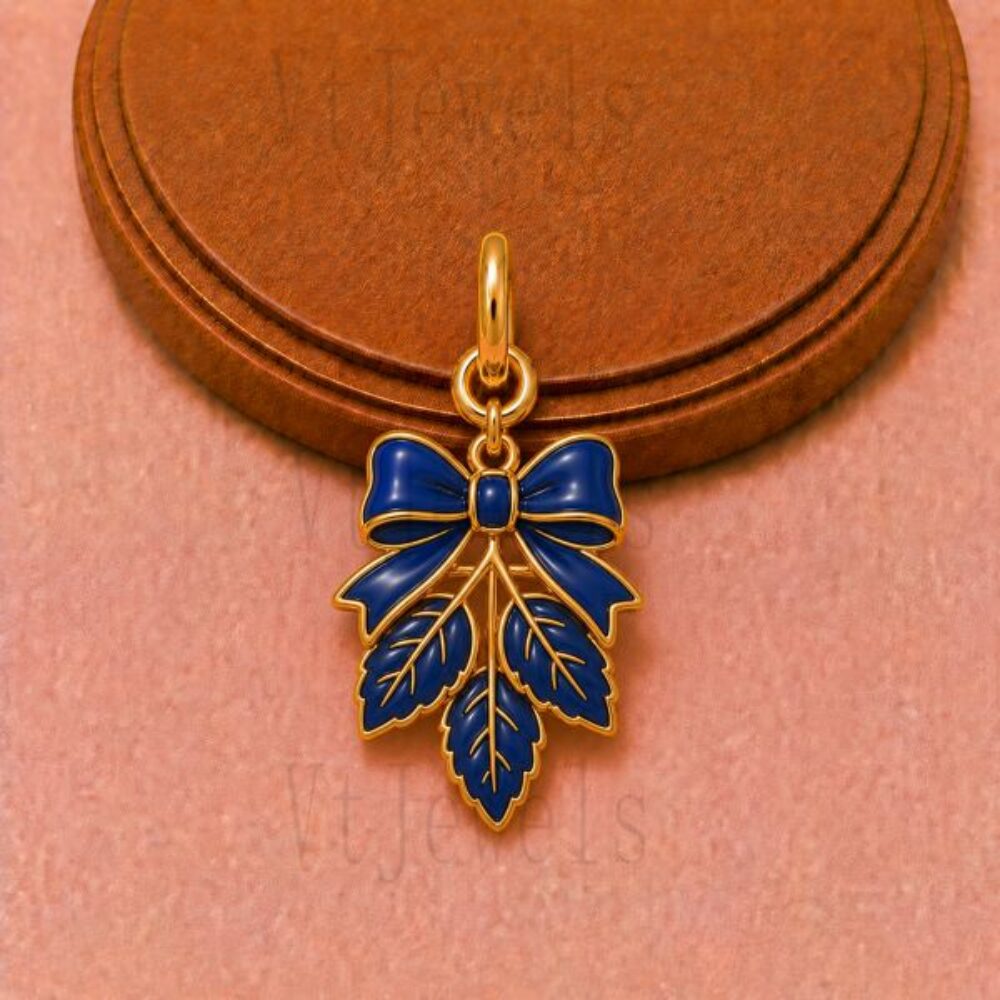 925 Sterling Silver Royal Blue Enamel Bow and Leaves Pendant Charm