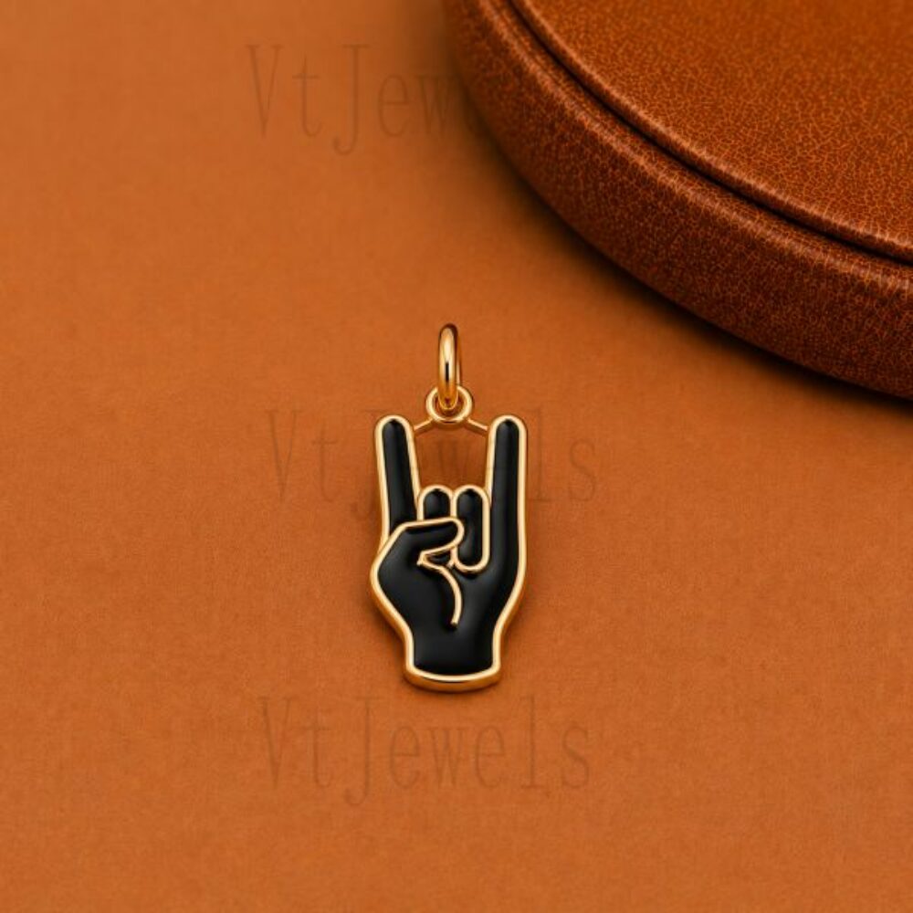 925 Sterling Silver Rock On Hand Sign Black Enamel Pendant Charm