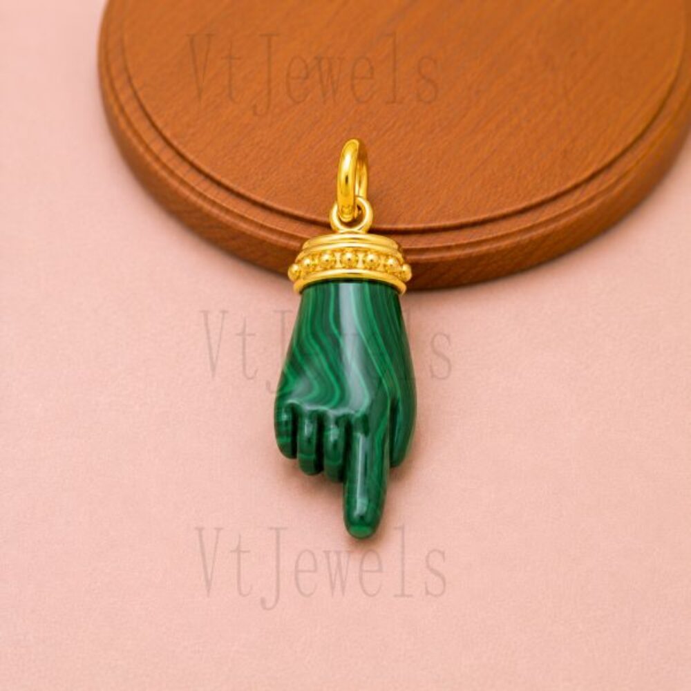 925 Sterling Silver Green Malachite Hand Sign Mano Cornuto Pendant Charm