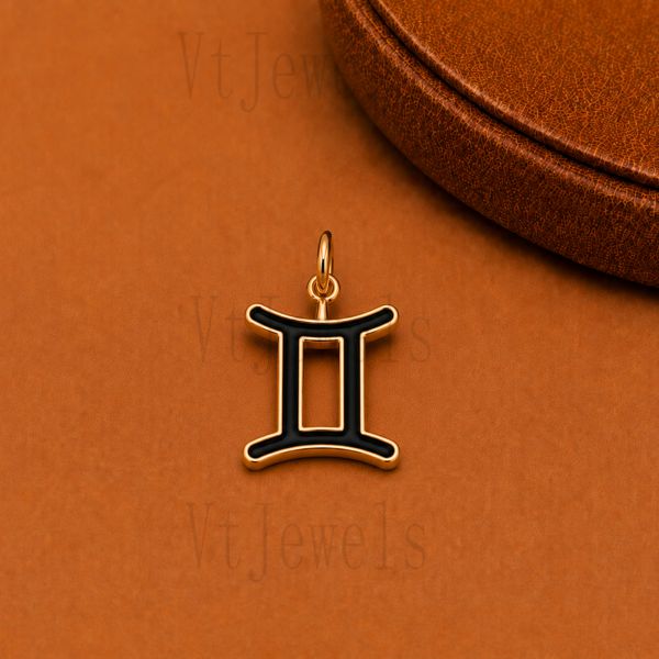 925 Sterling Silver Gemini Zodiac Sign Black Enamel Pendant Charm