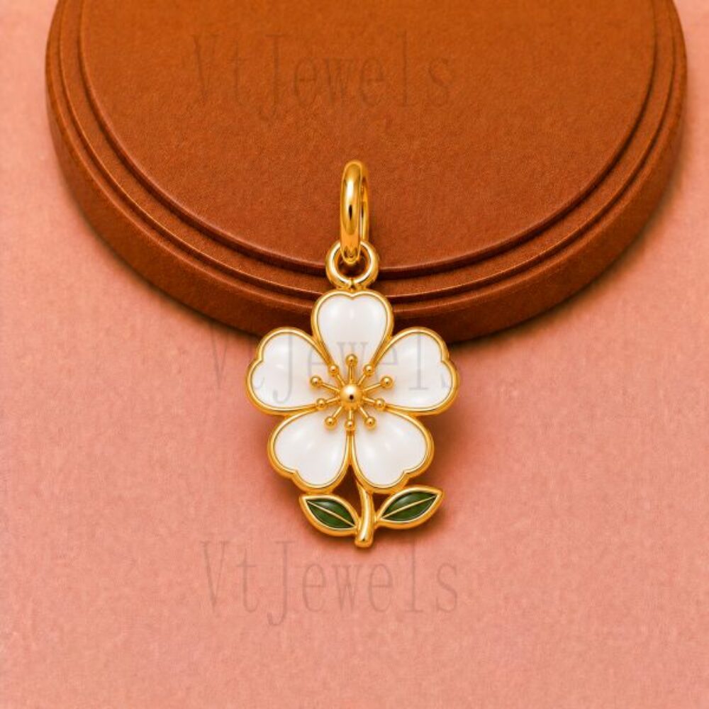 925 Sterling Silver Flower Pendant, White Enamel Cherry Blossom Charm