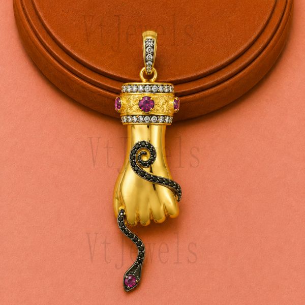 925 Sterling Silver Hand and Snake Pendant