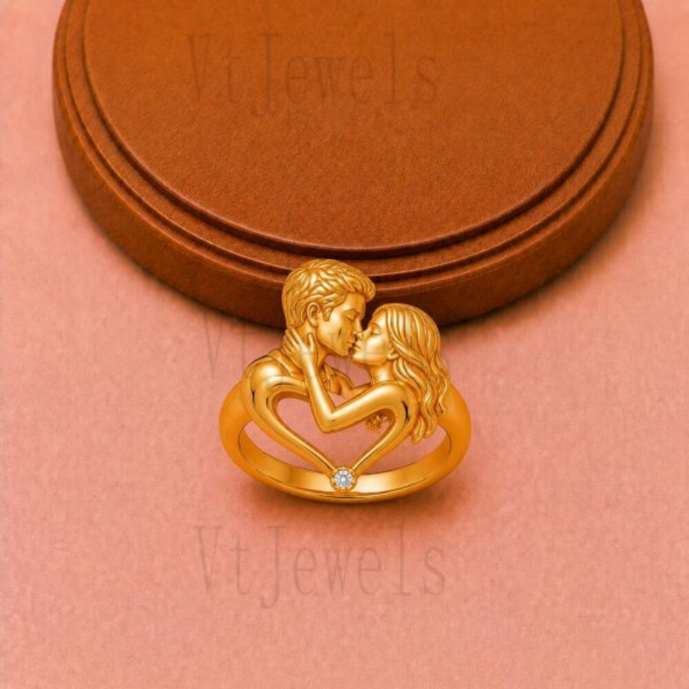 Romantic Couple Embrace 925 Sterling Silver Ring - Gold Plated Heart Design