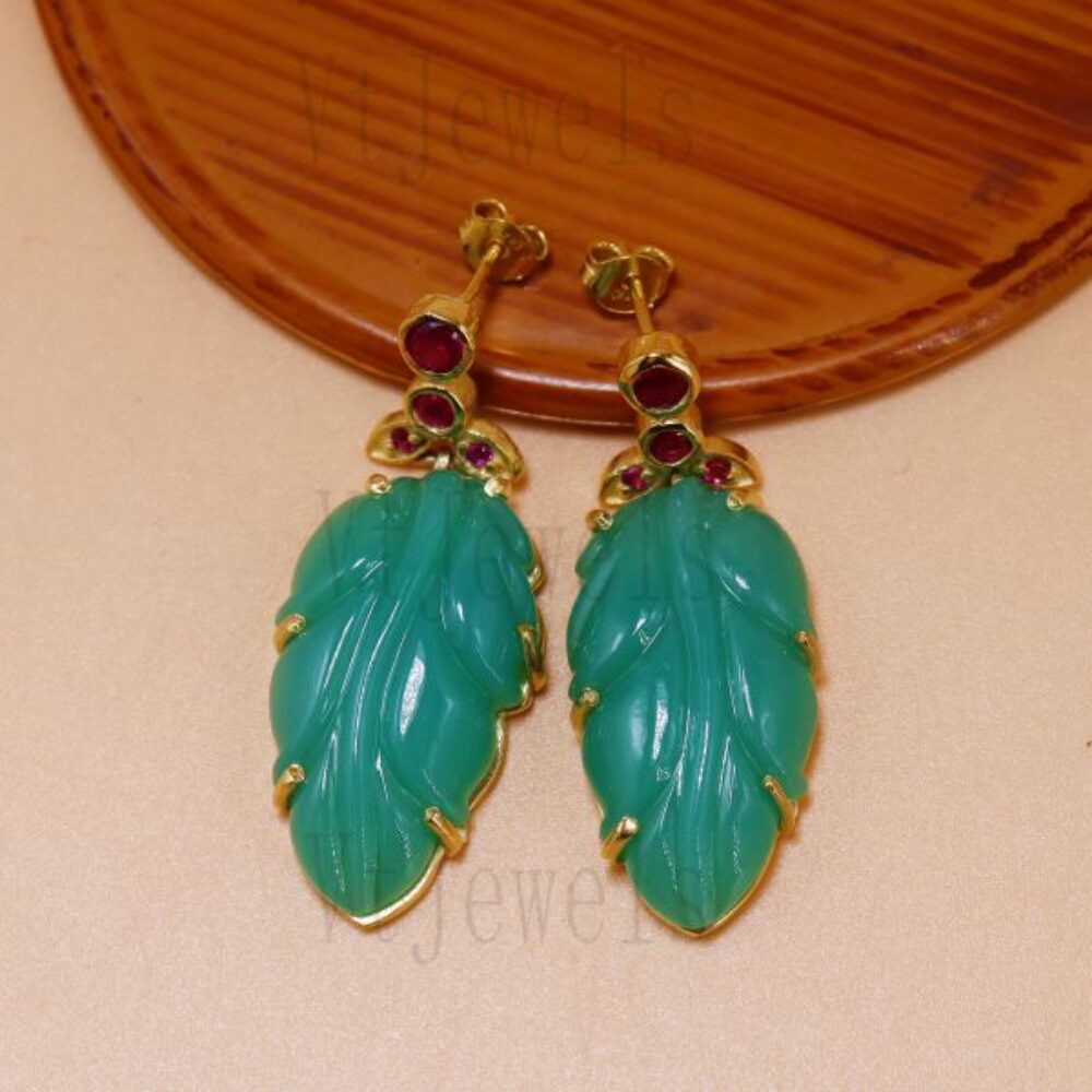 Carved Green Chalcedony Leaf Earrings