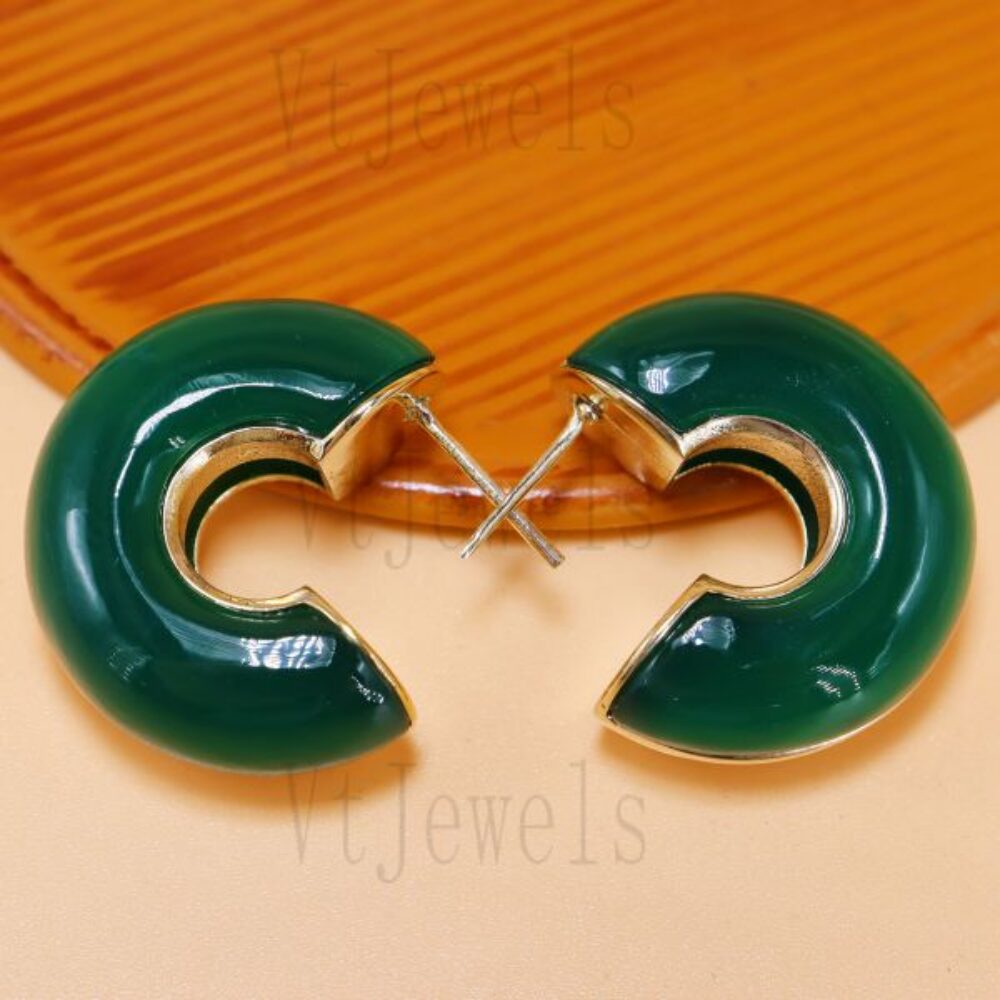 925 Sterling Silver Green Enamel Chunky Hoop Earrings
