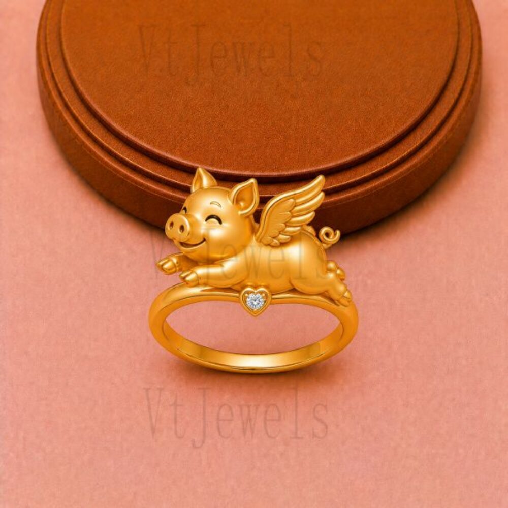 Whimsical Flying Pig 925 Sterling Silver Ring - Gold Plated