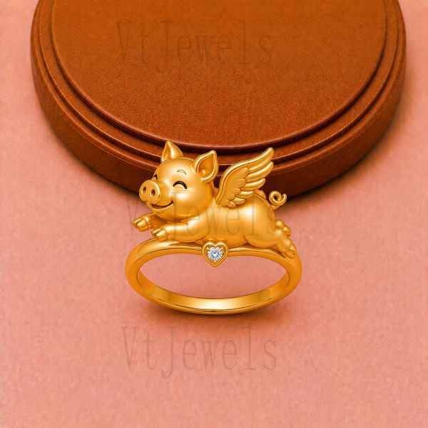 Whimsical Flying Pig 925 Sterling Silver Ring - Gold Plated