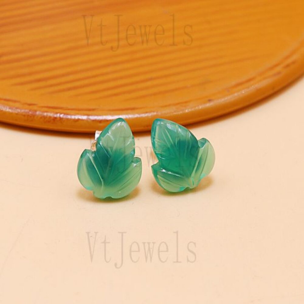 Green Onyx Leaf Studs in 925 Sterling Silver