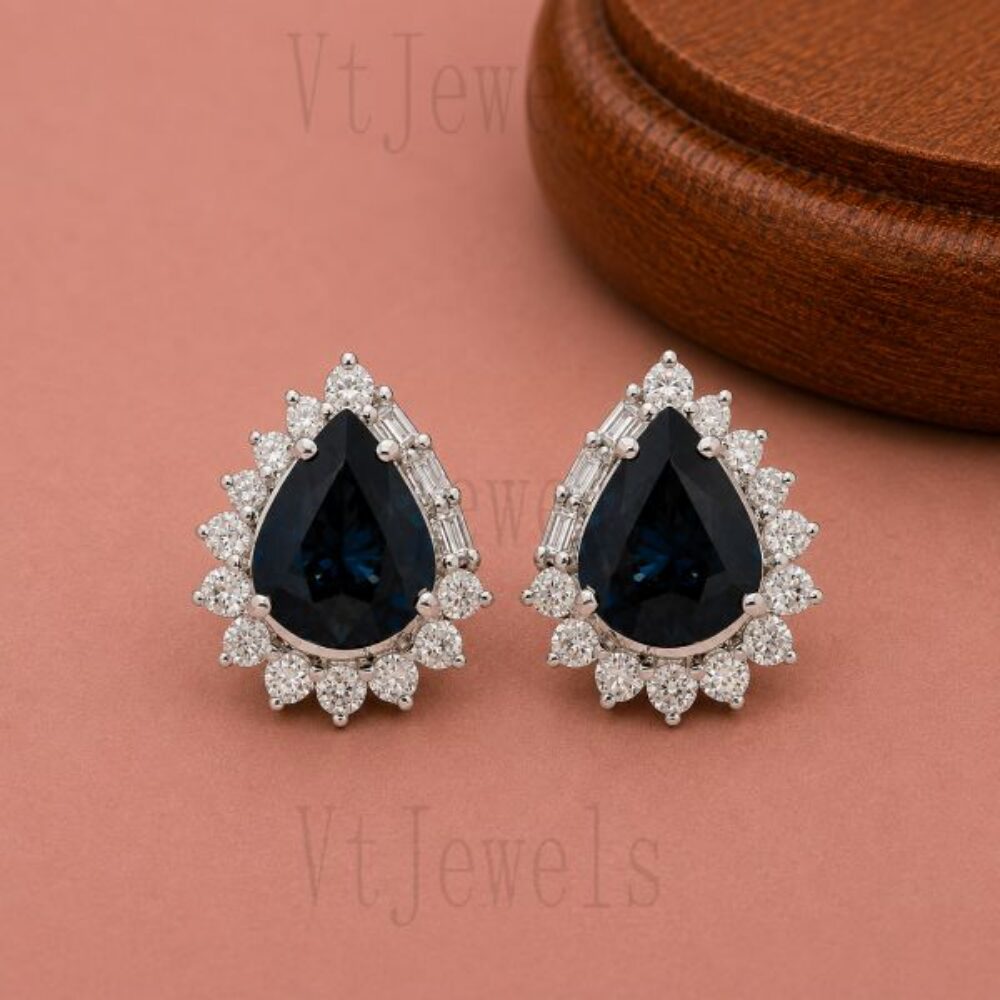 925 Sterling Silver Pear Cut Blue Sapphire Halo Stud Earrings
