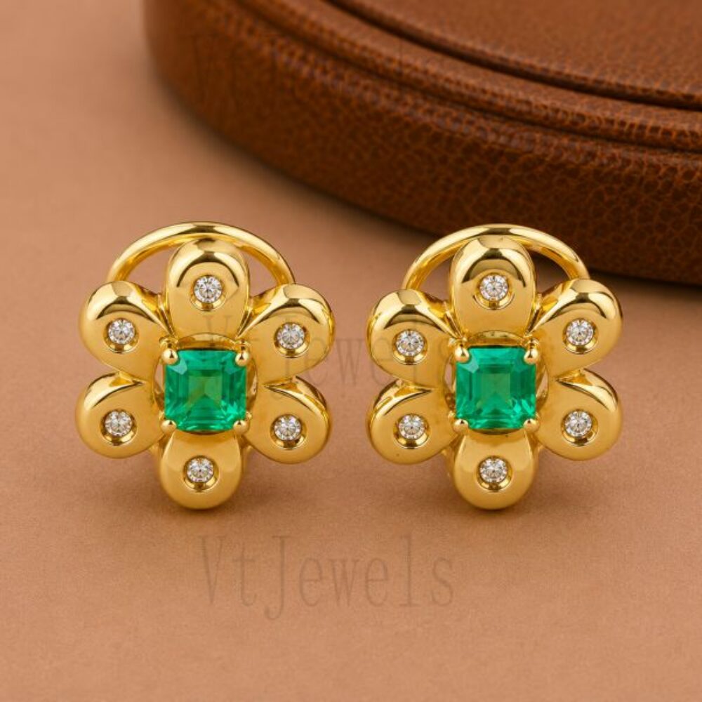 925 Silver Gold Plated Emerald Cut Green Emerald Flower Stud Earrings