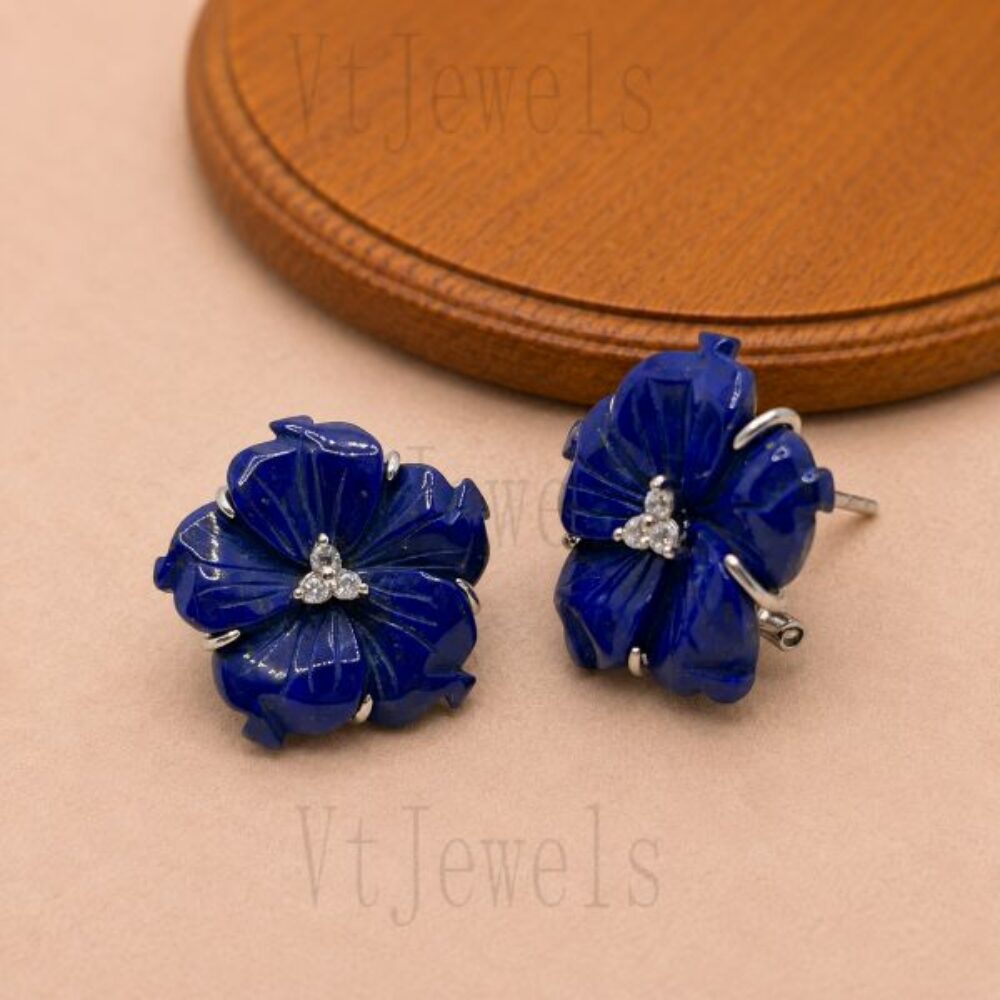 925 Sterling Silver Hand-Carved Lapis Lazuli Flower Stud Earrings