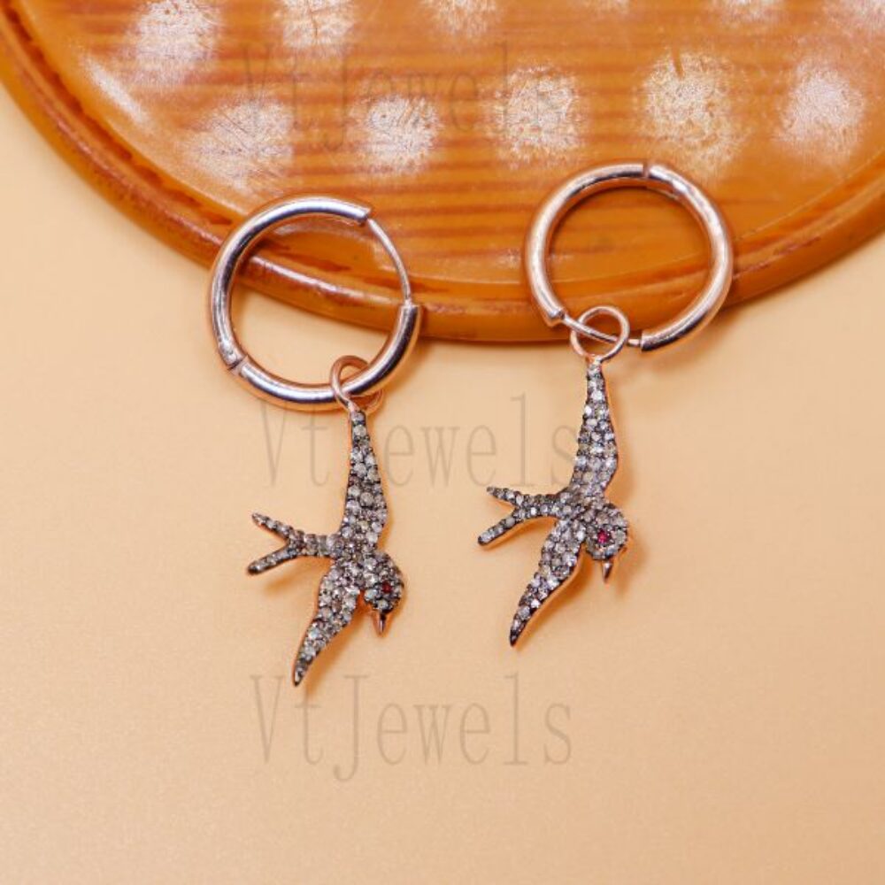 Pave diamond Swallow Bird 925 Sterling Silver Rose Gold Hoop Earrings