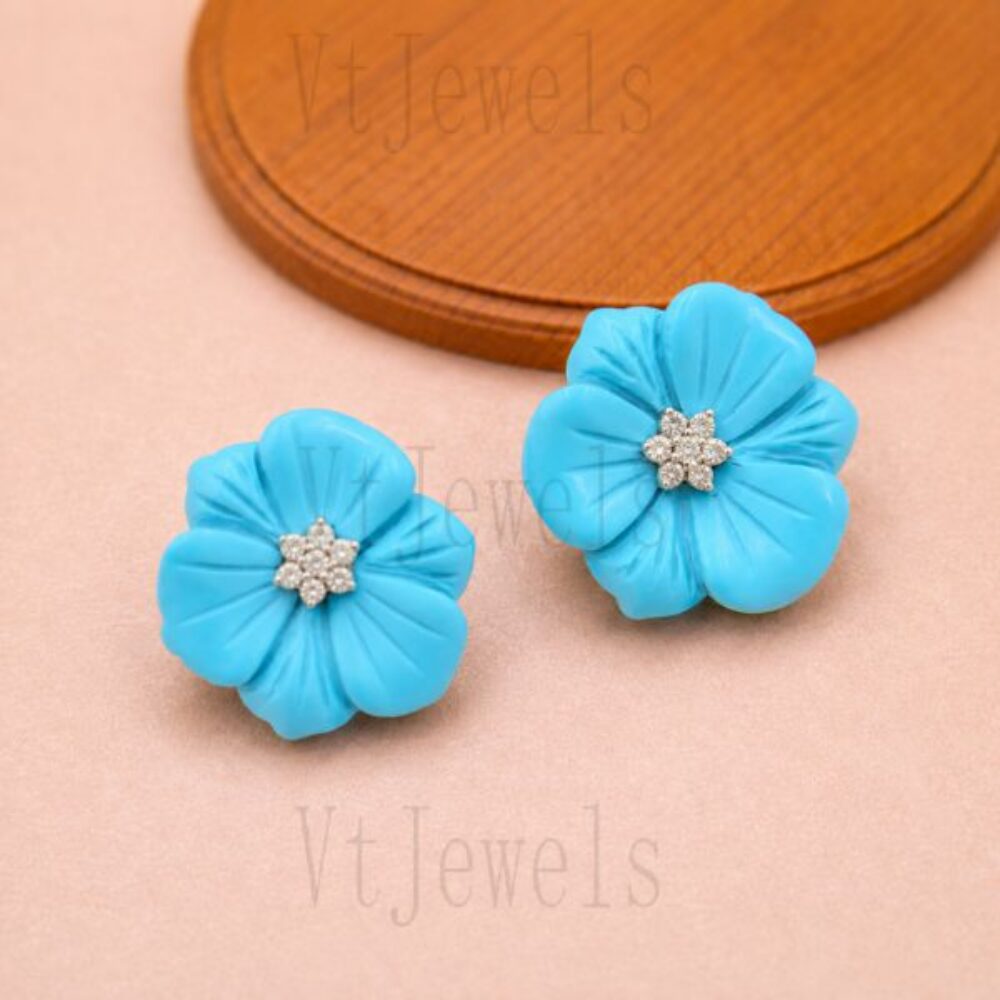 925 Sterling Silver Hand-Carved Sleeping Beauty Turquoise Flower Stud Earrings