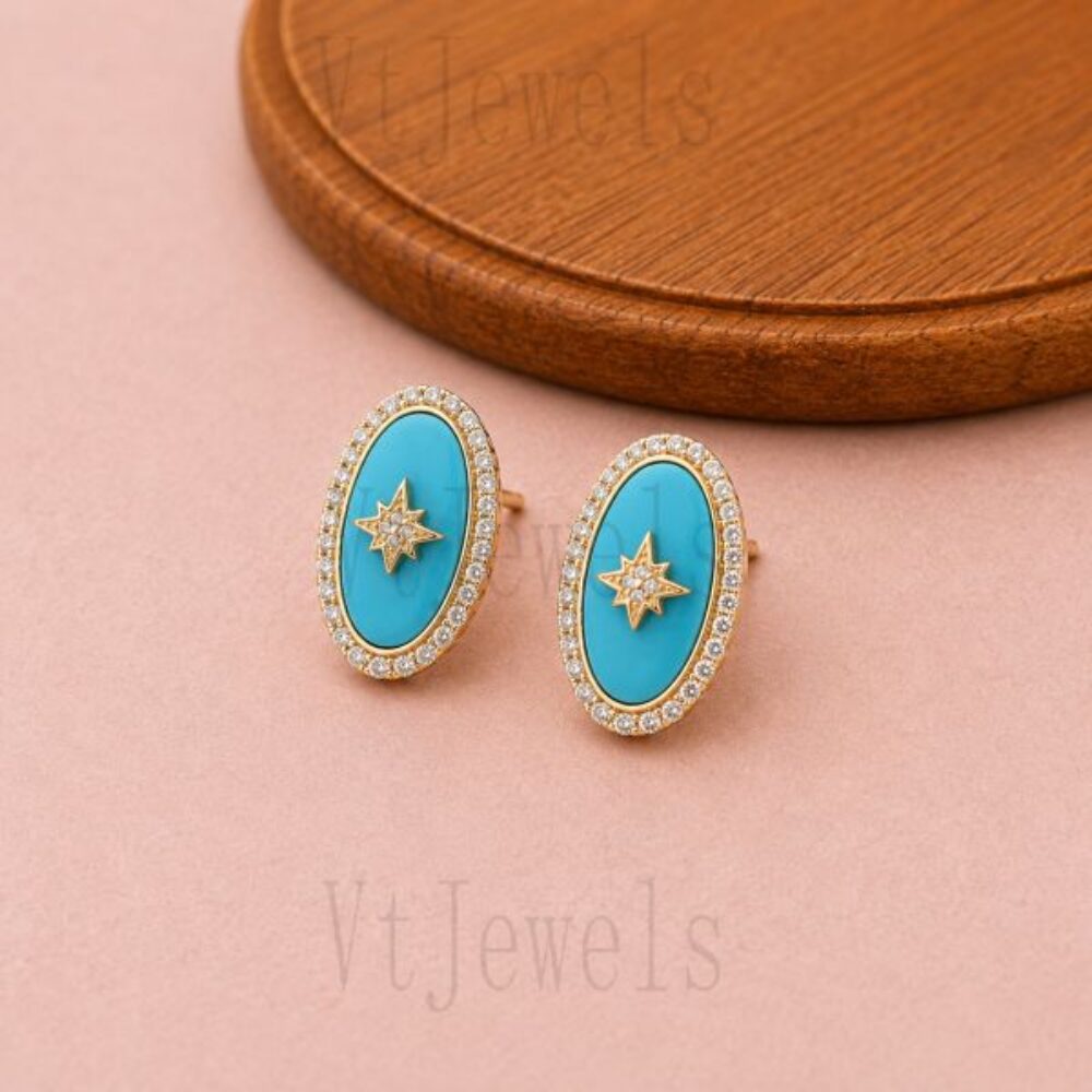 925 Silver Gold Plated Oval Turquoise Starburst Halo Stud Earrings