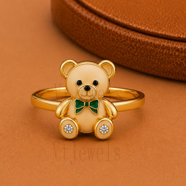 925 Sterling Silver Gold Plated Cute Teddy Bear Enamel Ring,