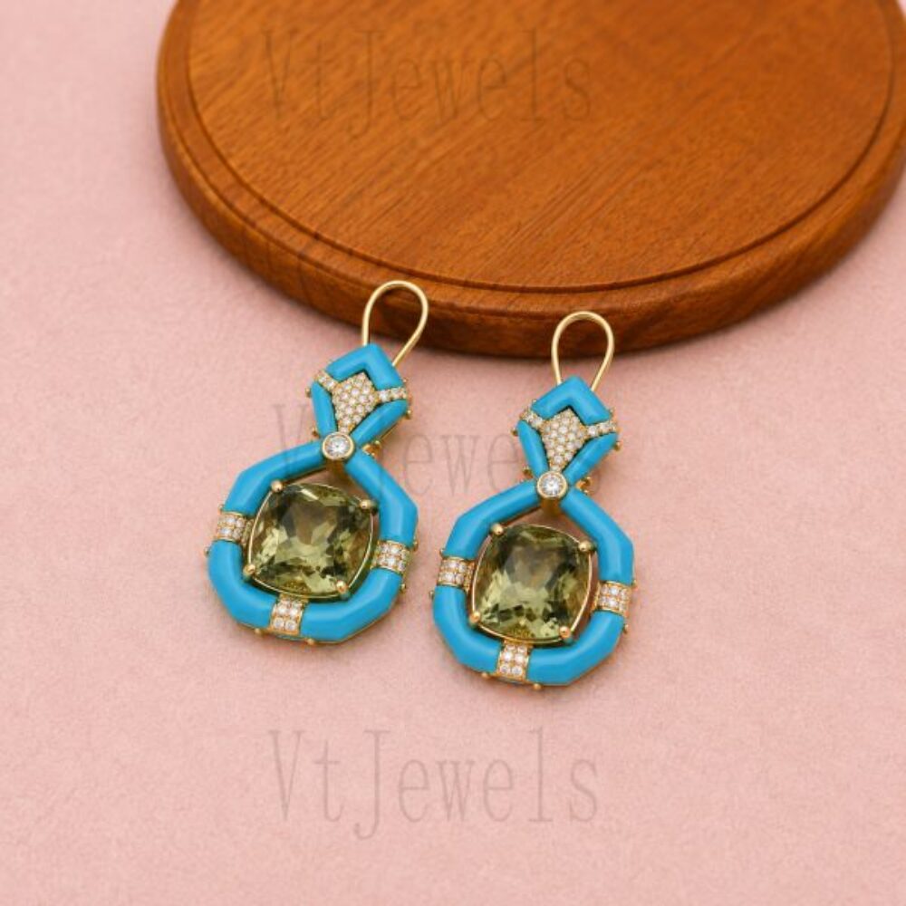 925 Sterling Silver Turquoise and Peridot Pave Drop Earrings