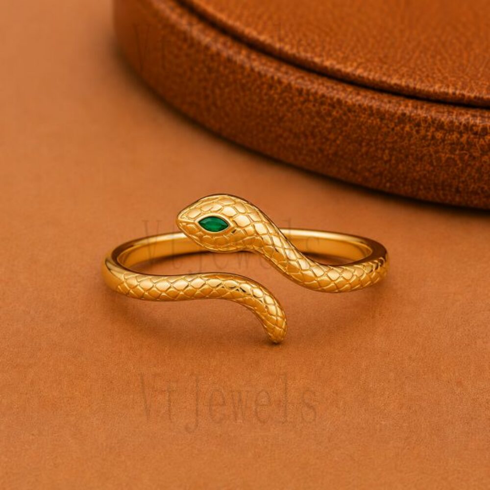 925 Sterling Silver Snake Adjustable Serpent Ring with Green Stone Eye