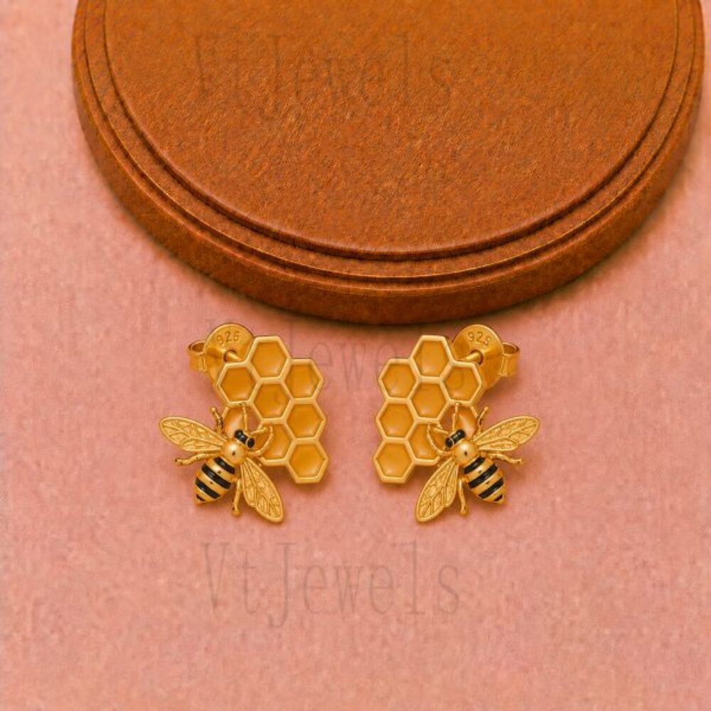 Honeybee Honeycomb Stud Earrings in 925 Sterling Silver