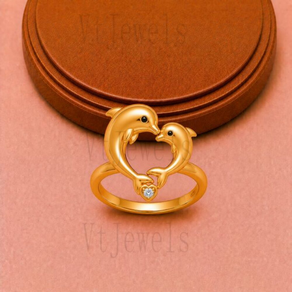 Gold-Plated 925 Sterling Silver Dolphin Heart Ring with Stone