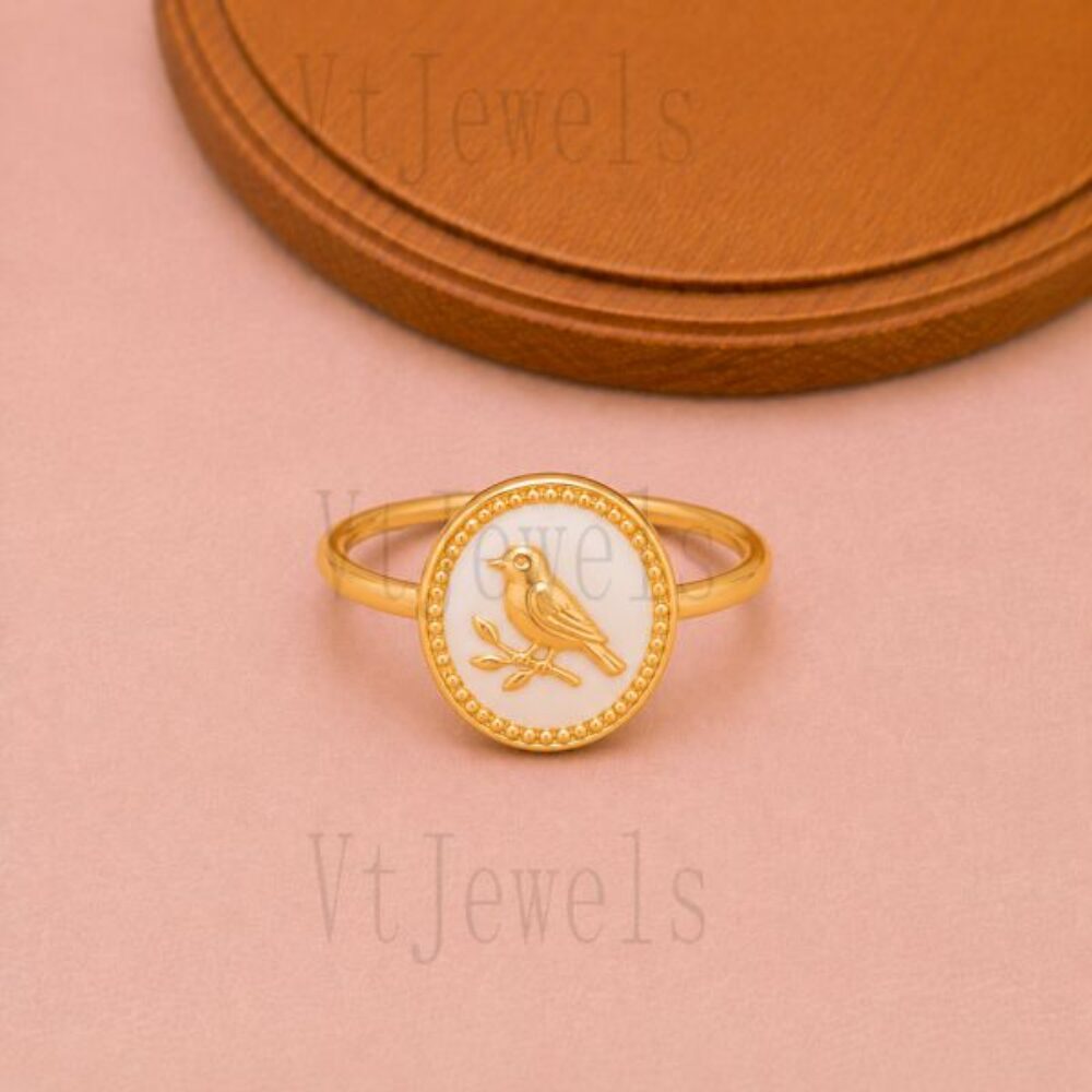 925 Sterling Silver Gold Plated Enamel Bird Signet Ring