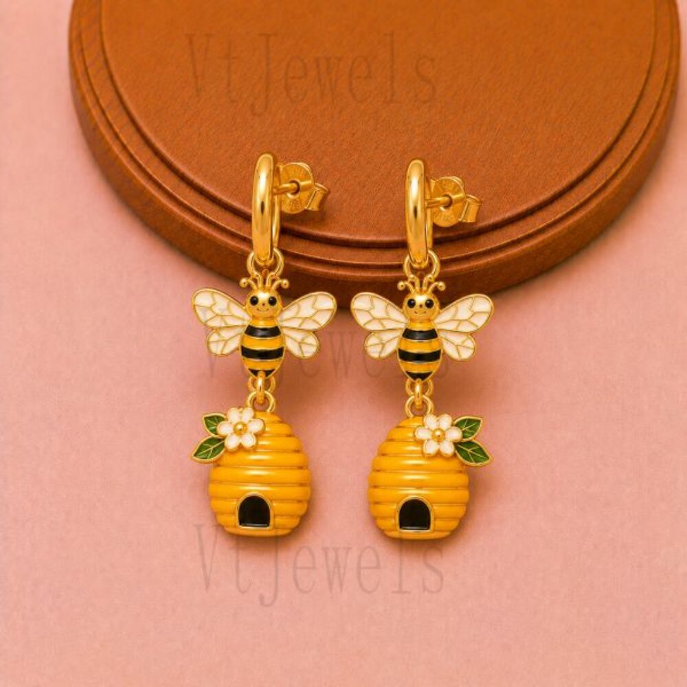 925 Sterling Silver Bumblebee and Beehive Dangle Earring