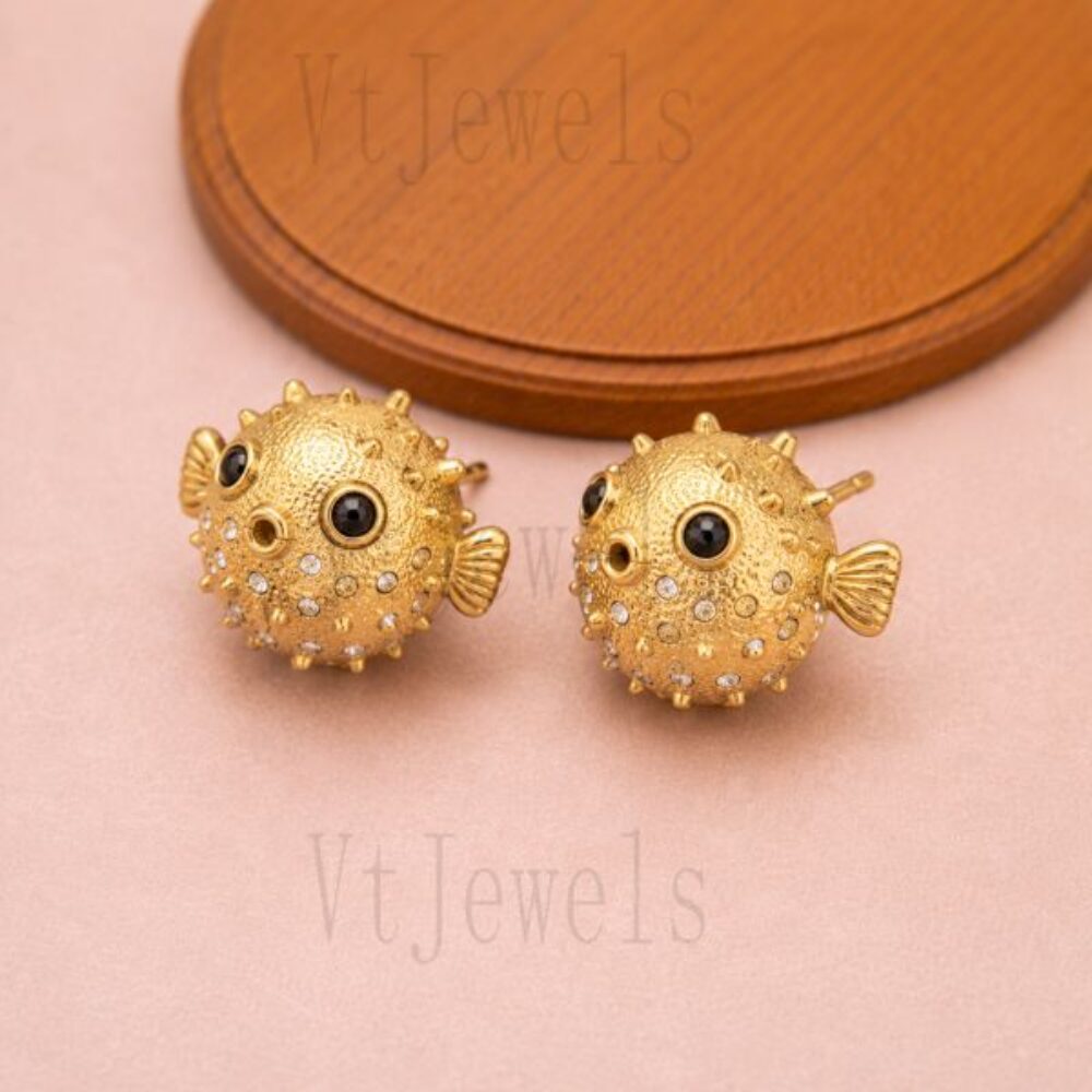 925 Sterling Silver Puffer Fish Stud Earrings