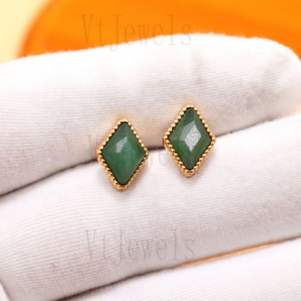 Green Aventurine Rhombus 925 Sterling Silver Gold Plated Stud Earrings