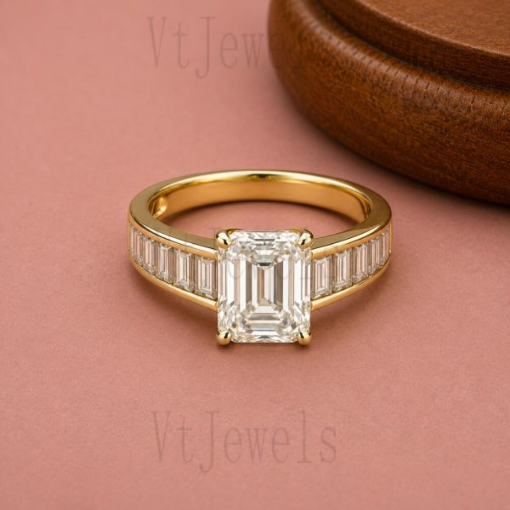 925 Sterling Silver Emerald Cut Moissanite Baguette Ring