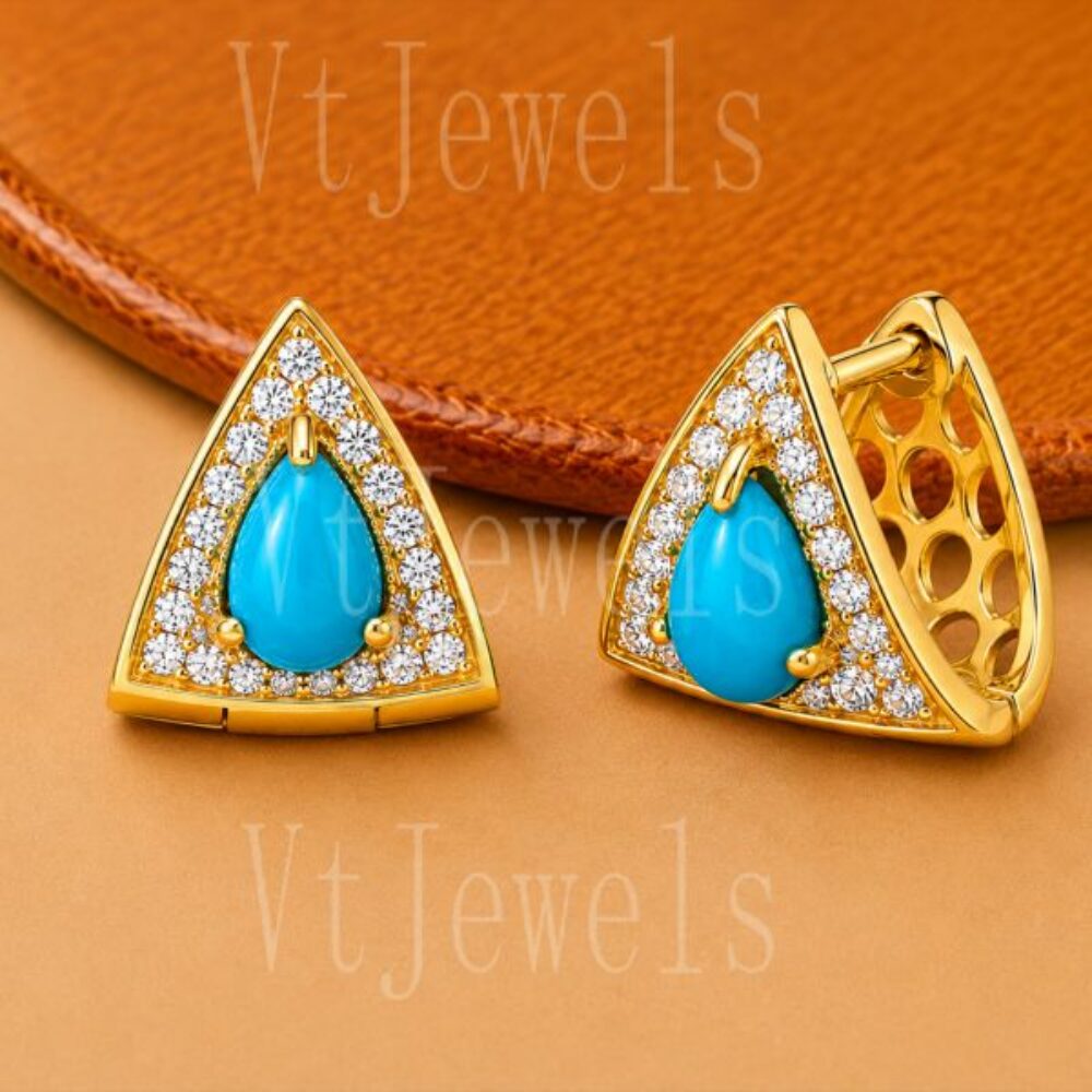 925 Sterling Silver Turquoise Triangle Huggie Hoop Earrings