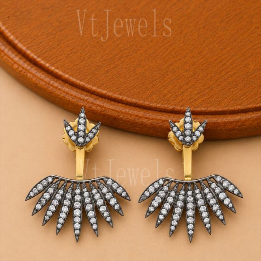 925 Sterling Silver Starburst Ear Jackets, Gold Black Pavé diamond Crystal Earrings