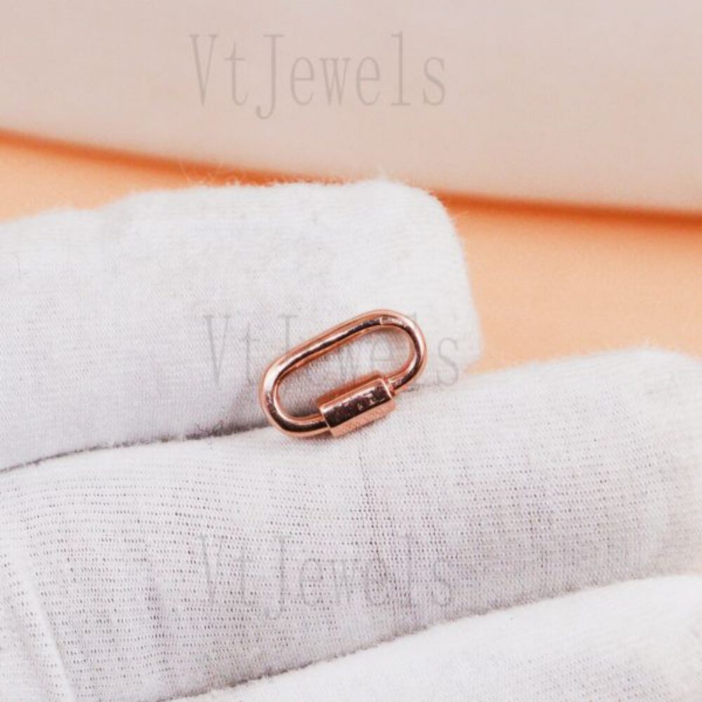 Rose Gold Oval Carabiner Lock, 925 Sterling Silver Small Screw Clasp