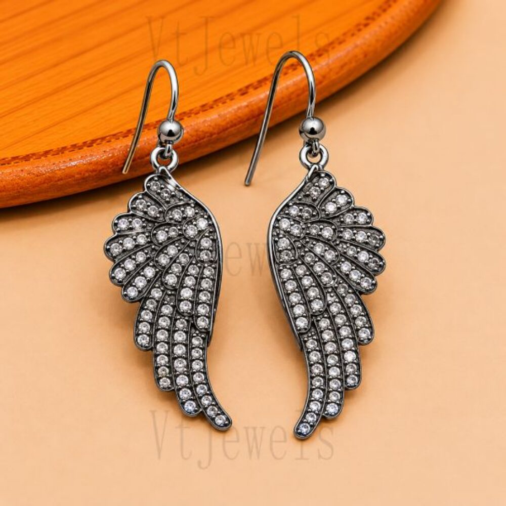 925 Sterling Silver Black Angel Wing Earring