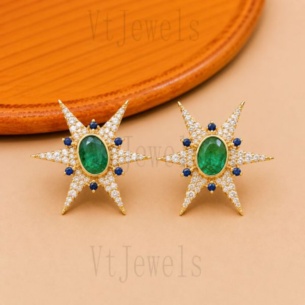 925 Sterling Silver Emerald Starburst Stud Earring