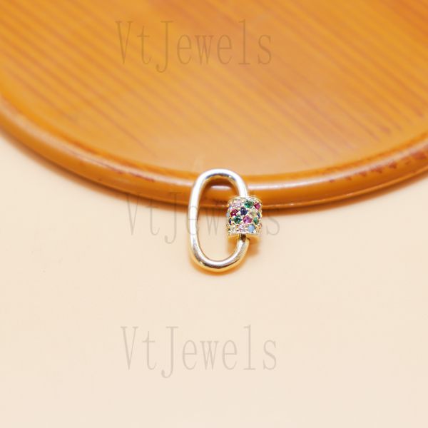 Multi-Stone Pave diamond Carabiner Lock, 14K Gold Plated 925 Sterling Silver Clasp - Image 3