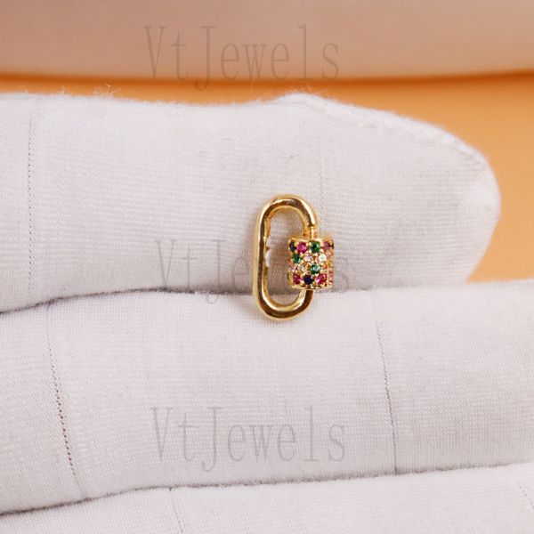 Multi-Stone Pave diamond Carabiner Lock, 14K Gold Plated 925 Sterling Silver Clasp - Image 6