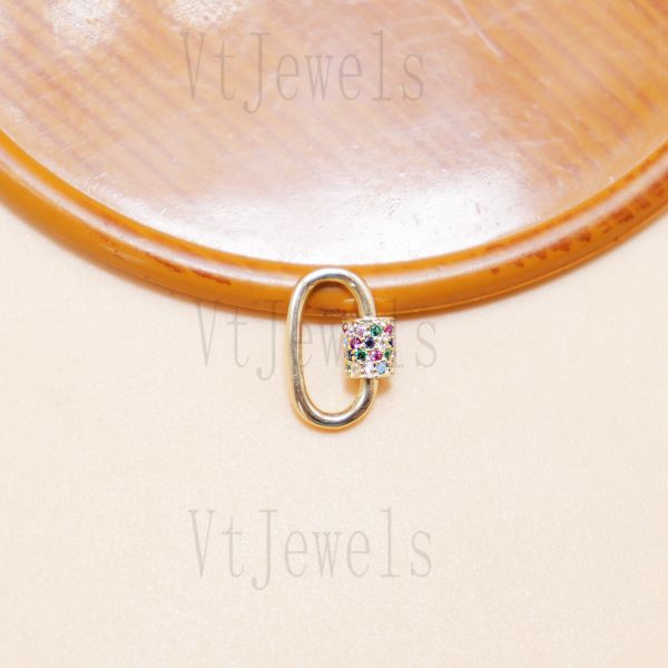 Multi-Stone Pave diamond Carabiner Lock, 14K Gold Plated 925 Sterling Silver Clasp